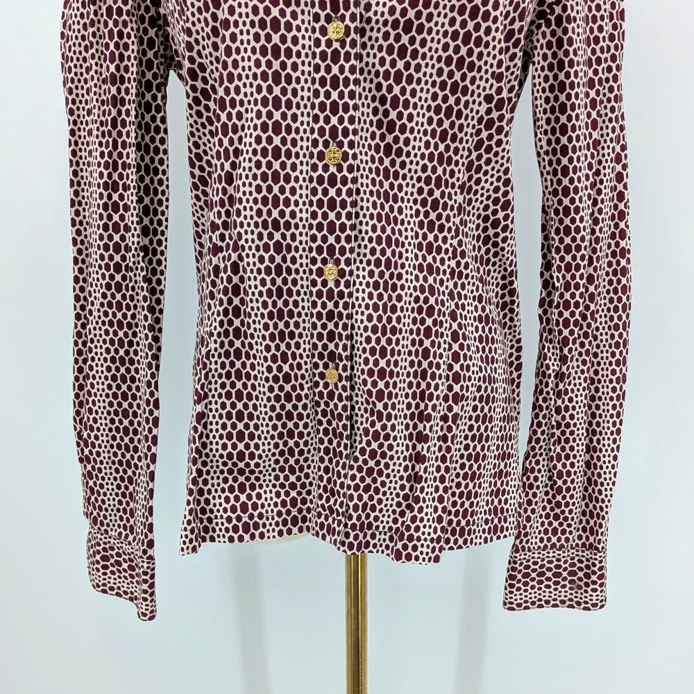 Tory Burch Burgundy‎ Geometric Button Front Shirt 6 Cotton Stretch